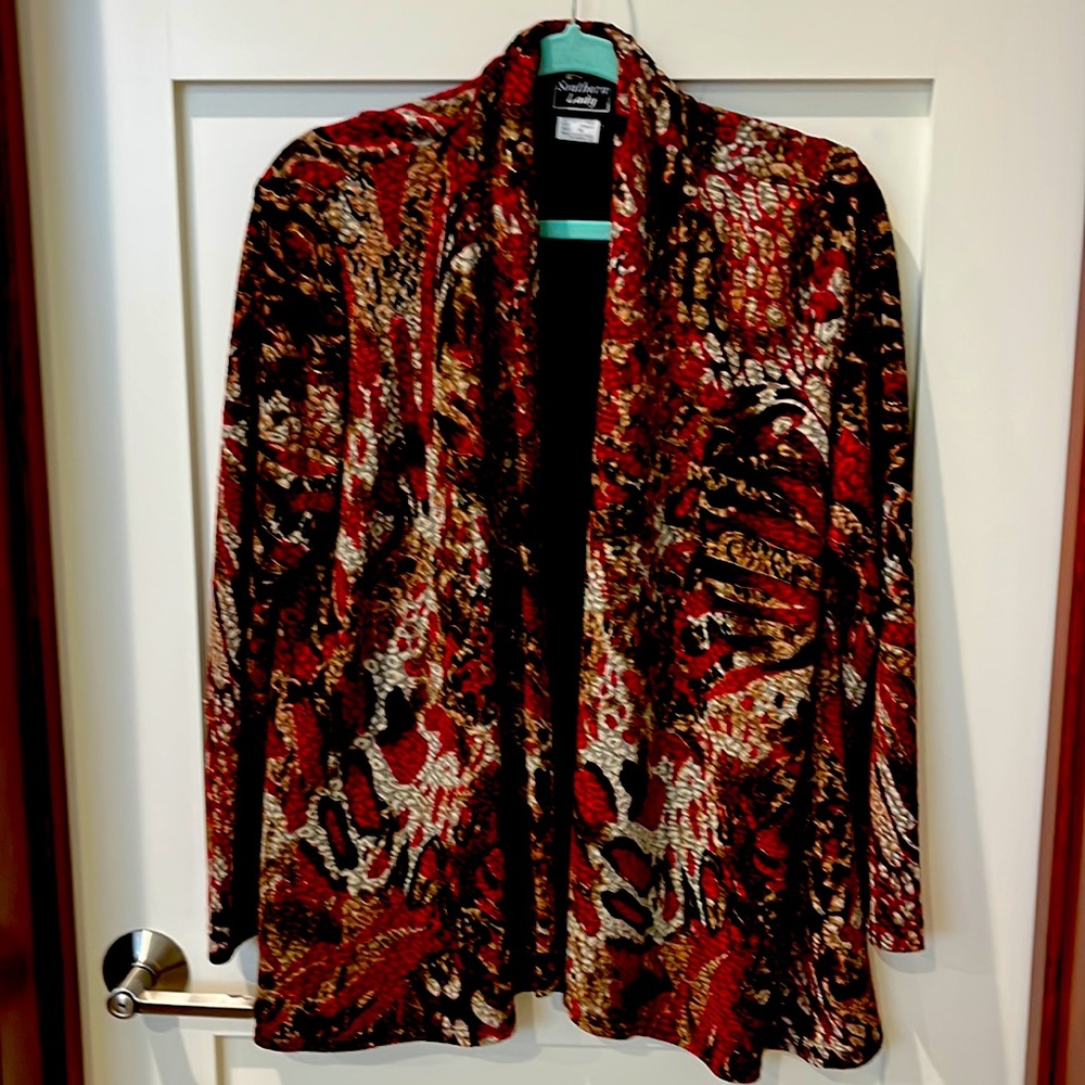 Lovely multicolored open front jacket. Size medium from Southern Lady.